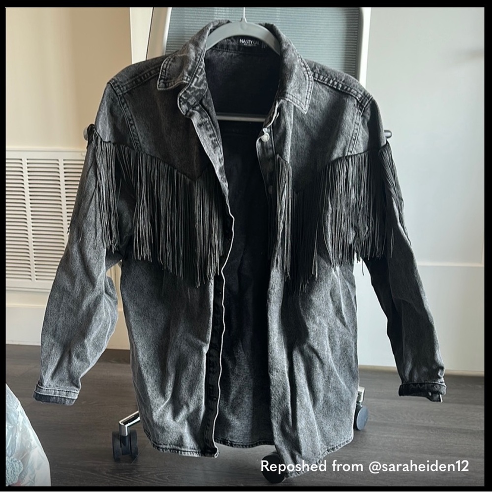 Nasty Gal Black Jean Jacket with Fringe